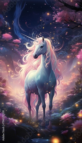 Bring to life a whimsical unicorn prancing through a field of luminescent mushrooms  under a starlit sky with a pastel-colored galaxy in a dreamy digital rendering