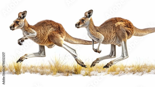 Two kangaroos running in the grass