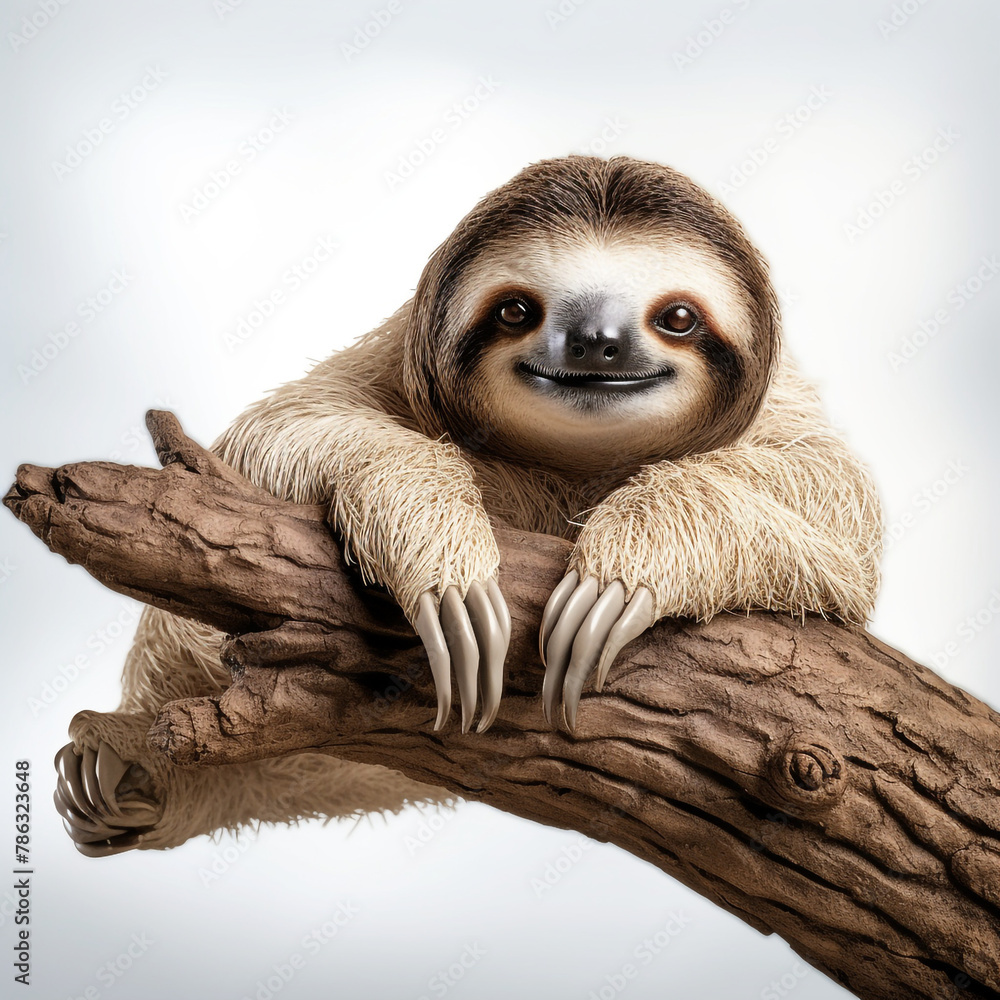 Fototapeta premium lovable three toe sloth laying on branch in neutral syle with white background сreated with Generative Ai