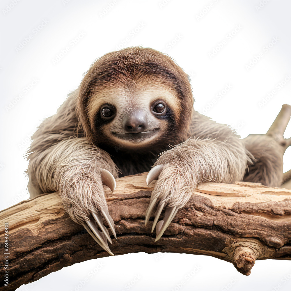 Fototapeta premium lovable three toe sloth laying on branch in neutral syle with white background сreated with Generative Ai