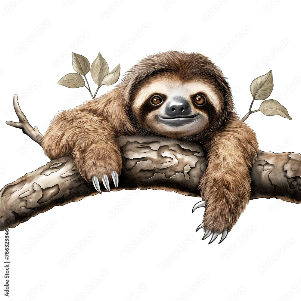 Fototapeta premium lovable three toe sloth laying on branch in neutral syle with white background сreated with Generative Ai
