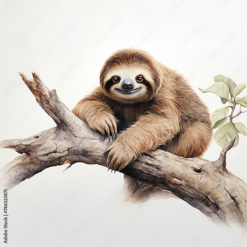 Obraz premium lovable three toe sloth laying on branch in neutral syle with white background сreated with Generative Ai