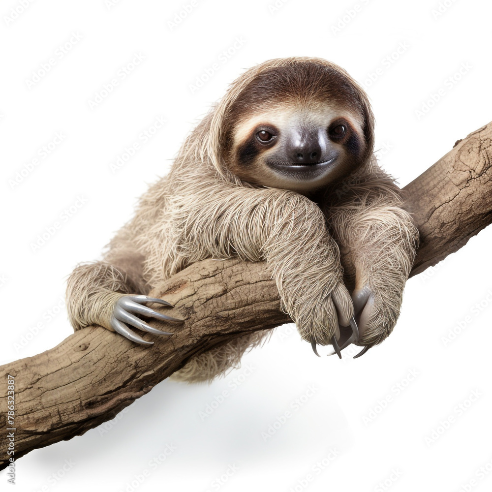 Fototapeta premium lovable three toe sloth laying on branch in neutral syle with white background сreated with Generative Ai