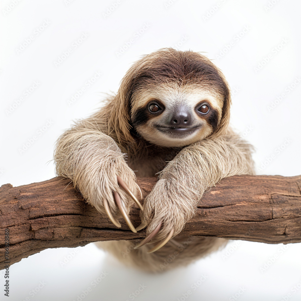 Fototapeta premium lovable three toe sloth laying on branch in neutral syle with white background сreated with Generative Ai