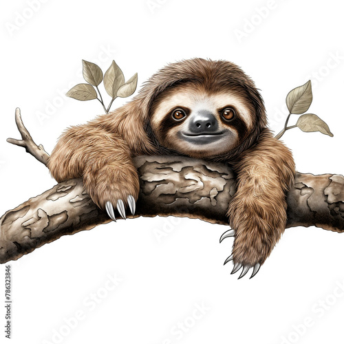 lovable three toe sloth laying on branch in neutral syle with white background сreated with Generative Ai © Andrii Yablonskyi