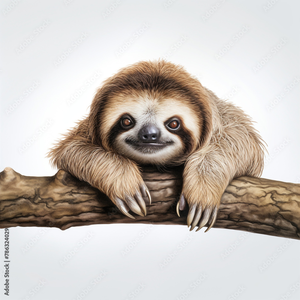 Obraz premium lovable three toe sloth laying on branch in neutral syle with white background сreated with Generative Ai