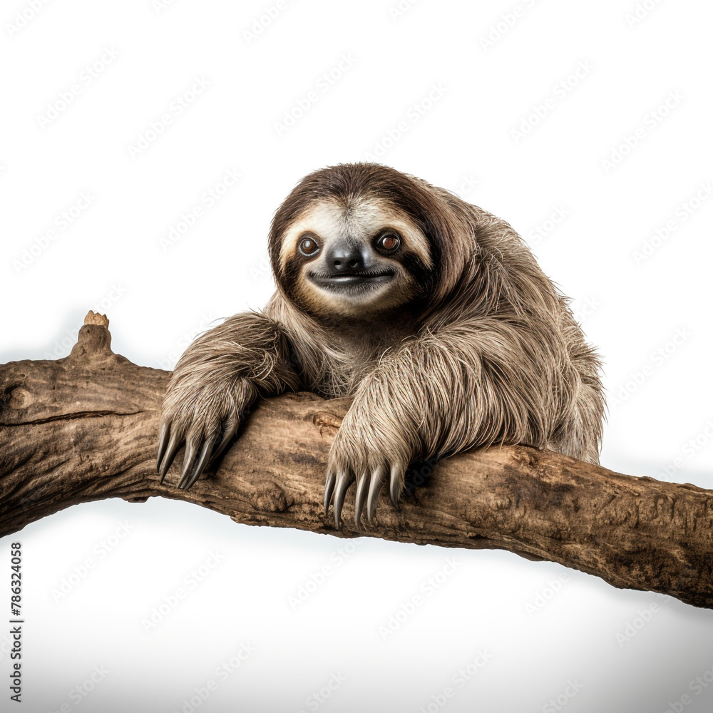 Fototapeta premium lovable three toe sloth laying on branch in neutral syle with white background сreated with Generative Ai
