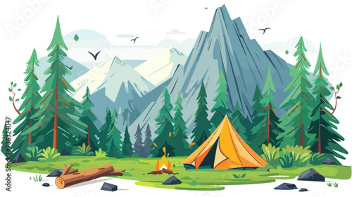 Outdoor camping near mountains and trees with tent woo photo