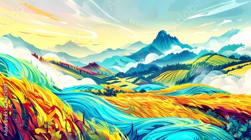 Yellow and green traditional terraced fields illustration poster background © jinzhen
