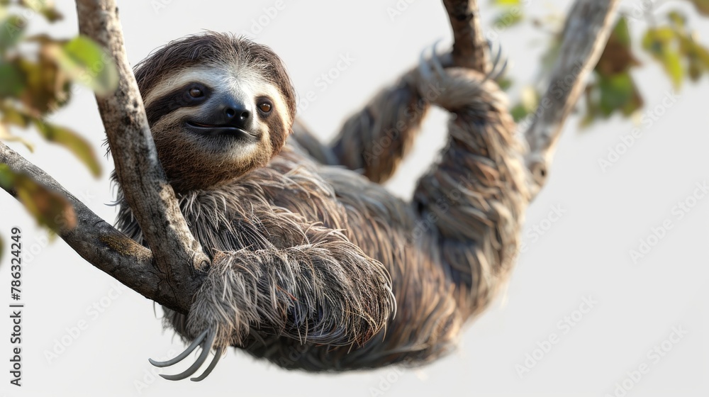 Obraz premium A brown and white sloth is hanging from a tree branch