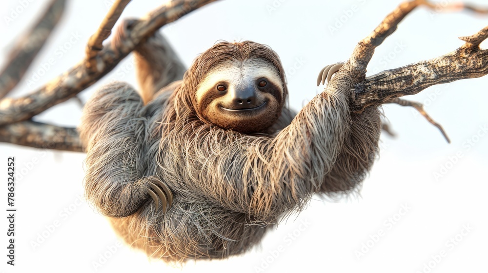 Naklejka premium A sloth is hanging from a tree branch and smiling