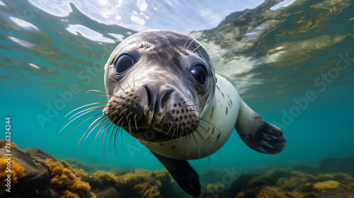 A Seal Up Close on a Rocky Shore on Underwater. Generative AI photo