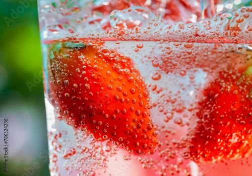 Fresh strawberry in a glass of sparkling mineral water