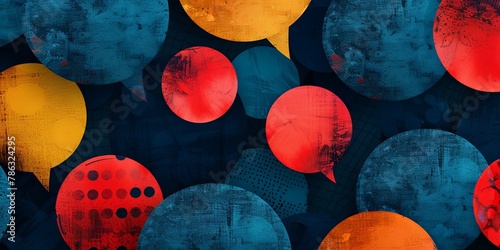 Abstract design of speech bubbles in clash of orange and blue, symbolizing energetic exchange of ideas.