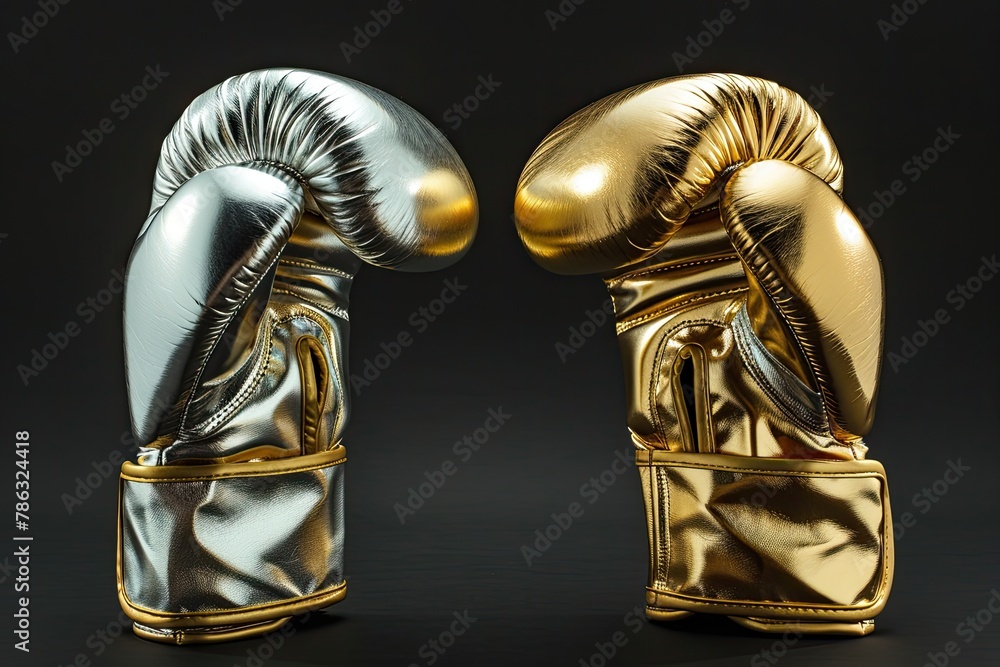 Two boxing glove in silver and gold face sport confrontation and hit together