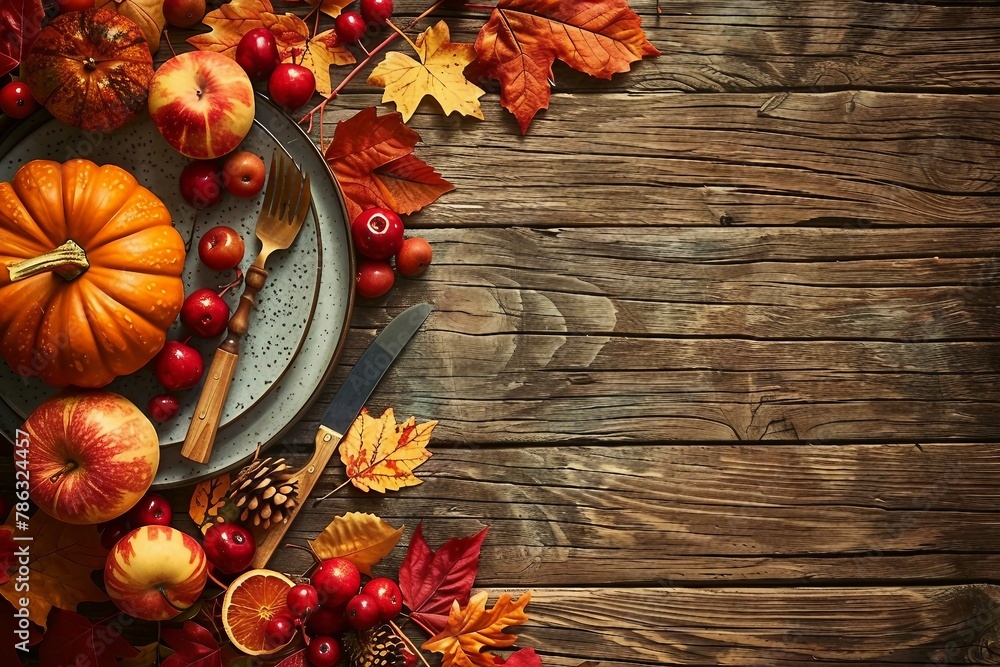 Autumn background from fallen leaves and fruits with vintage place setting on old wooden table. Thanksgiving day concept. generative ai. Autumn background from fallen leaves and fruits with vintage place setting on old wooden table. Thanksgiving day concept. generative ai.