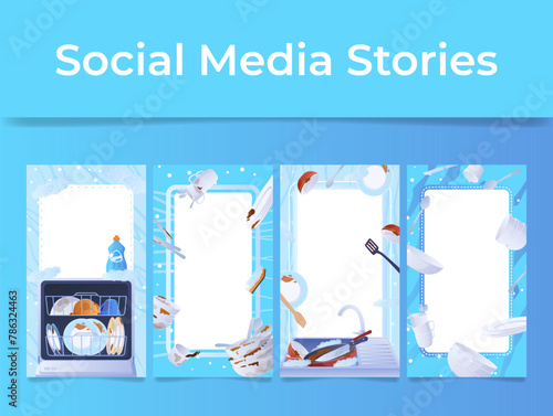 Dishwashing advertising poster social media stories design template set vector illustration