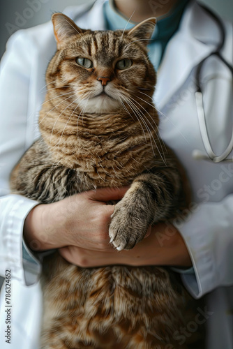 Fat overweight cat on the hands of a veterinarian photo