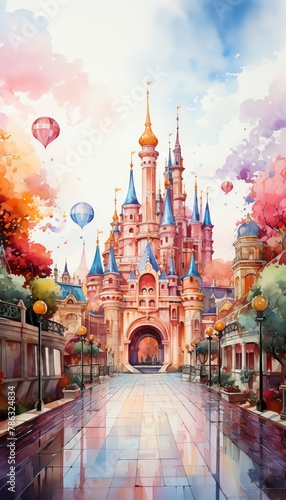 Paint a vibrant watercolor illustration of a whimsical amusement park viewed from a birds-eye perspective, capturing romantic stories unfolding in virtual reality booths