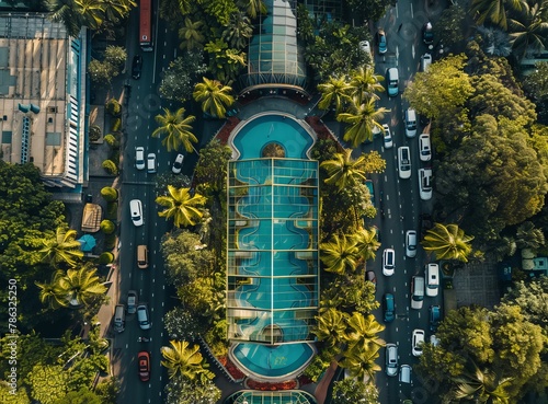 Aerial shot of a palm treesurrounded swimming pool photo