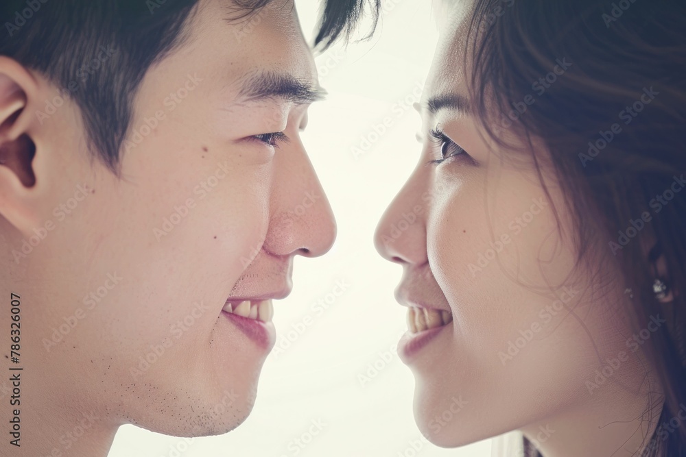 Closeup portrait of Asian man and woman looking at each other with their faces close together in intimate moment Closeup portrait of Asian man and woman looking at each other with their faces close together in intimate moment