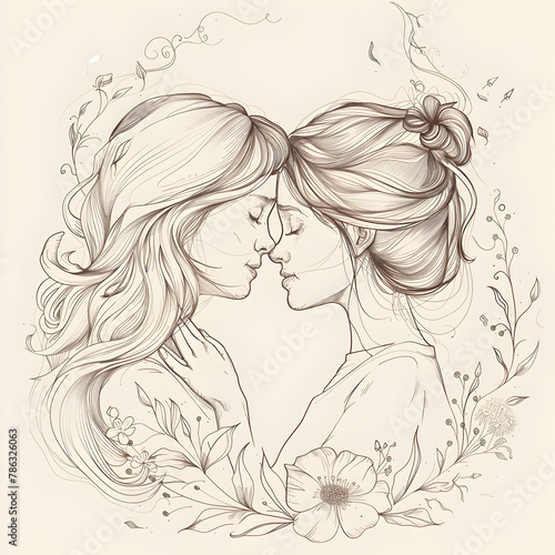 Mothers and daughter line art illstration, mother day celebration background.