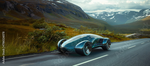 futuristic high-tech car on a picturesque road, landscape, style, technology, speed, wheels, transport, travel, future, glass