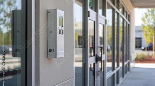 A small white electronic access control system is mounted on a wall next to a glass door. photo