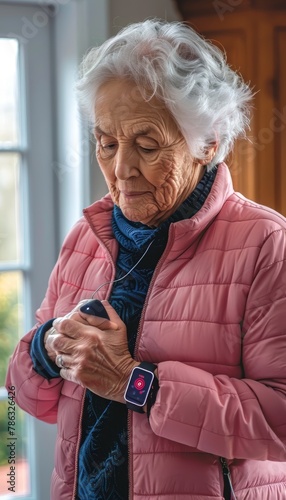 An elderly woman wearing a medical alert bracelet and pendant holds a smartphone. photo