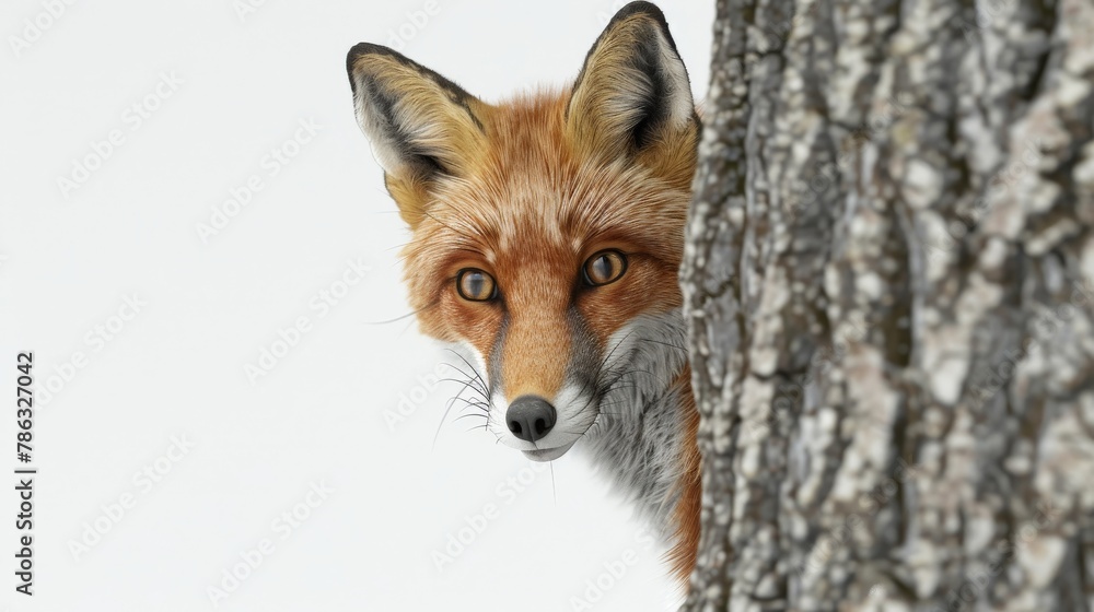 Fototapeta premium A fox is peeking out from behind a tree trunk