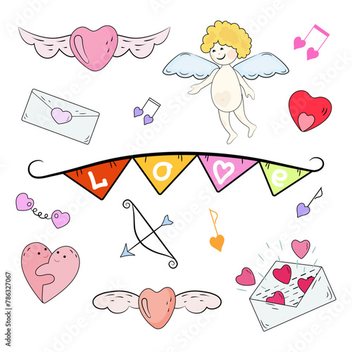 Love set. Cartoon illustrations with heart elements