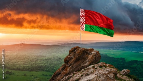 The Flag of Belarus On The Mountain. photo