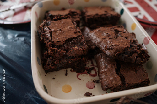 Homemade Chocolate Brownies in a colourful tray.