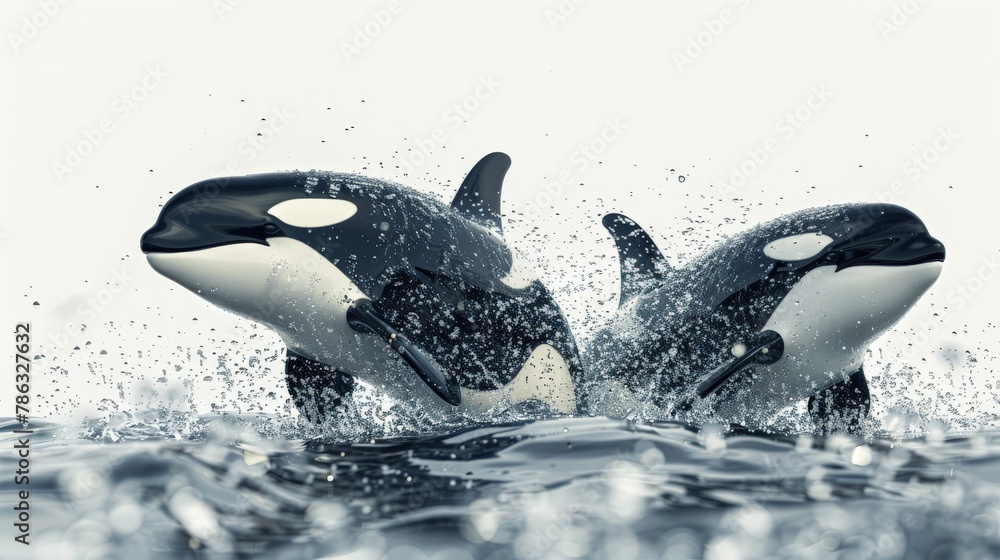 Fototapeta premium Two orcas are swimming in the ocean, one of which is larger than the other