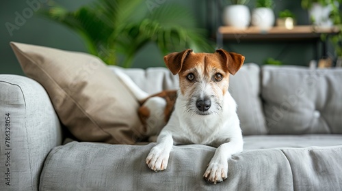 Jack Russell Terrier dog lies on a cozy sofa in a modern living room with a green wall, copy space