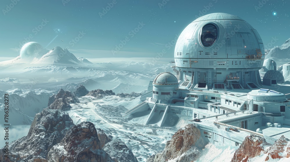 Futuristic space observatory on a snowy mountain under a celestial sky