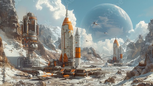 Futuristic spaceport bustling with activity, rockets launching and people walking photo