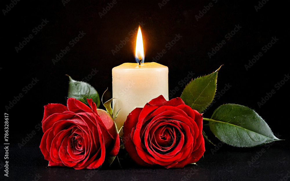 burning white candle and two red roses burning white candle and two red roses