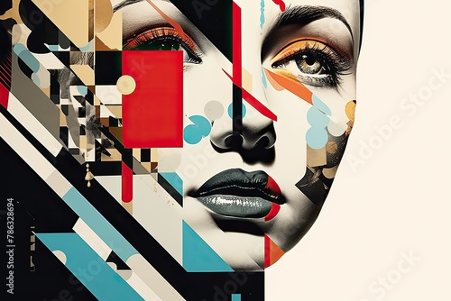 A digital collage featuring a womans face intertwined with geometric shapes and lines in an abstract and modern design. Generative AI