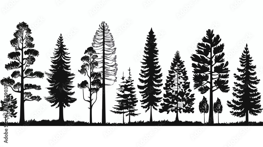 Pine tree silhouette hand drawn doodle sketch black an