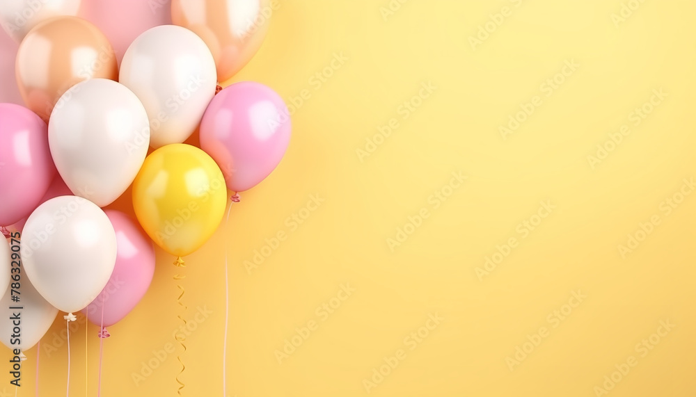 3d cute rendering Group of pastel party balloons on yellow background with space for text 3d cute rendering Group of pastel party balloons on yellow background with space for text
