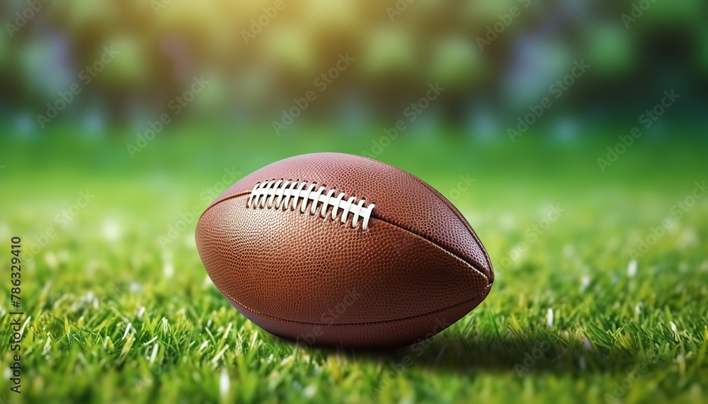 Brown American football ball on green artificial stadium turf background Brown American football ball on green artificial stadium turf background