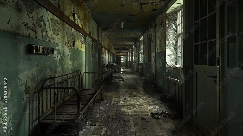 Peering into the empty rooms that line the corridor, you catch fleeting glimpses of rusted metal beds, tattered restraints, and other relics of the hospital's grim past. 