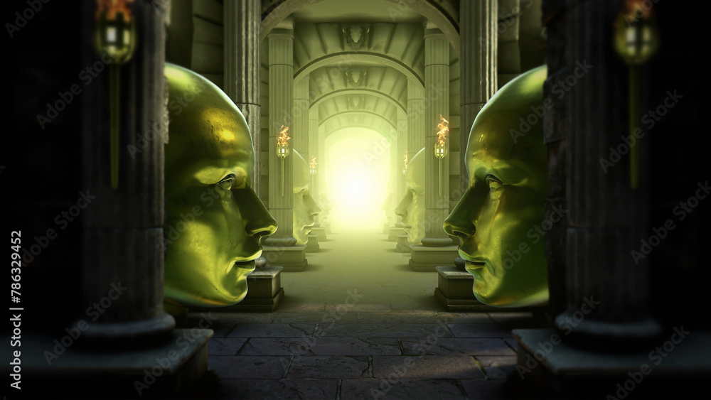 custom made wallpaper toronto digitalTravelling along an epic ancient hallway with huge stone columns and golden head statues.