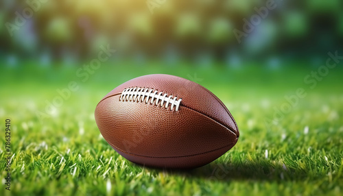 Brown American football ball on green artificial stadium turf background