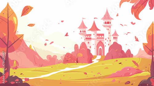 Pink fairy tale castle in mountain valley. Vector cart