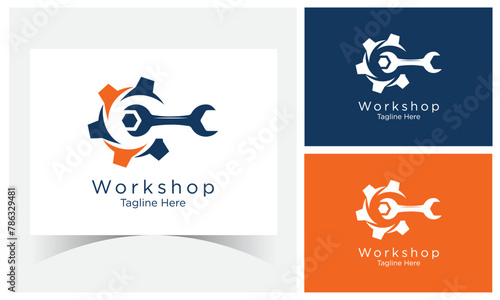 Workshop Logo Design Template. Workshop retro logo with wrench, screwdriver. Service work, repair label or logo. Tools concept.