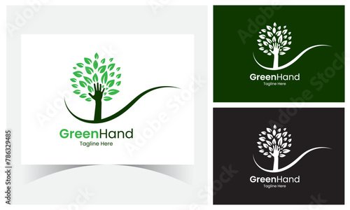 Green Hand Logo Design Template. Hand Tree Logo. Human hands and tree with green leaves.