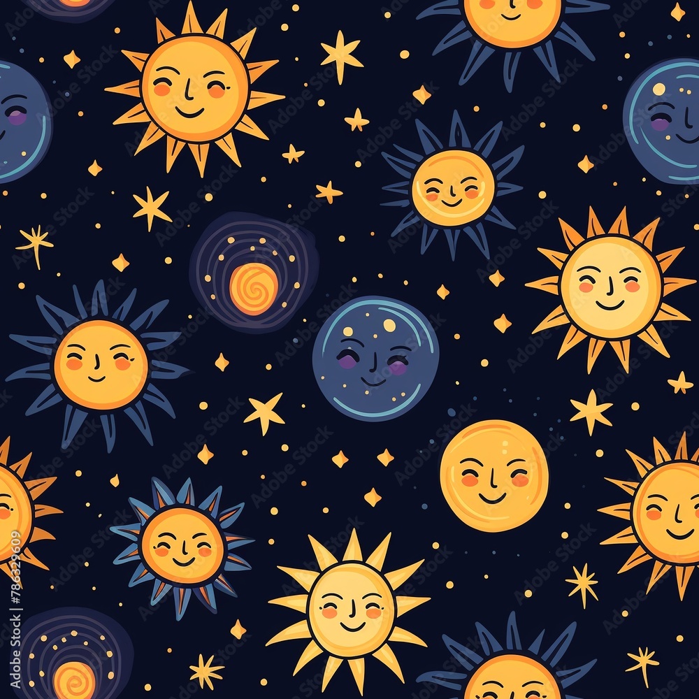 Hand-drawn Waldorf pattern featuring whimsical celestial bodies - suns, moons, and stars, in a seamless design Hand-drawn Waldorf pattern featuring whimsical celestial bodies - suns, moons, and stars, in a seamless design
