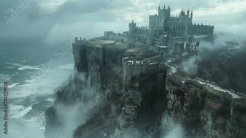 Majestic gothic castle atop a cliff overlooking a stormy sea enveloped in mist